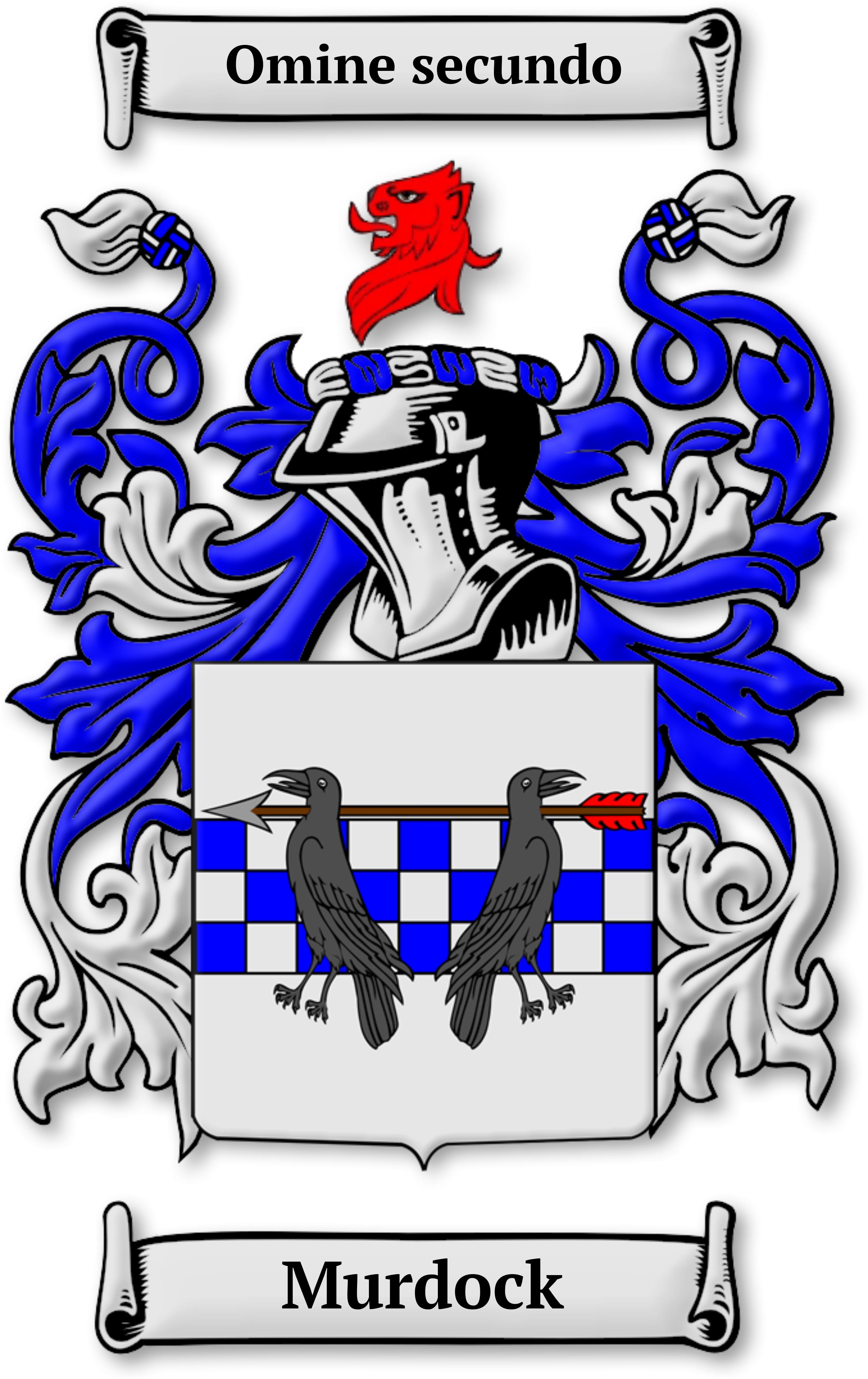 The Murdock coat of arms: two ravens transfixed by a single arrow, beneath the motto Omine secundo.